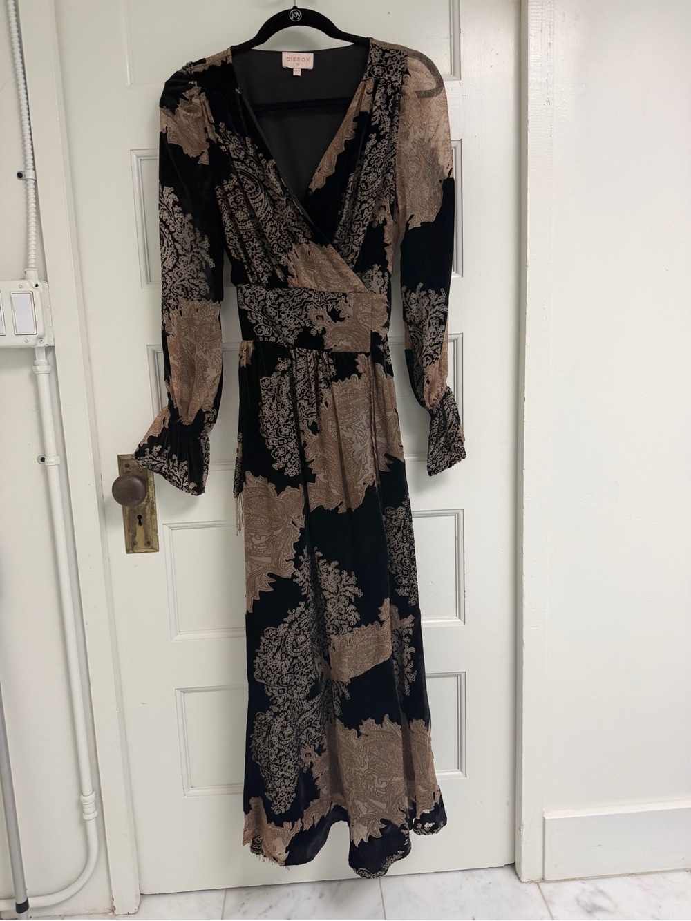 Boden Black and Tan Paisley Wrap Maxi Dress
